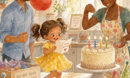 A joyful 4-year-old girl with brown pigtails in a yellow polka-dot dress stands on tiptoe looking at a small birthday card; a 30–35-year-old bearded father in a sky-blue shirt stands behind the table to her left holding a red balloon tapping his nose; a 28–33-year-old mother with hair in a bun wearing a floral apron smiles and sprinkles colorful sprinkles from the right near a large cream cake with four candles; the light wood table holds multicolored paper hats, confetti and a box labeled DO NOT PEEK (unless you are a cat); kitchen bathed in morning light with white tiles, blurred shelves and a window, warm family atmosphere—tender busy birthday morning, watercolor-like granular textures with white highlights on the balloon and sugar beads