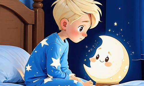 Ein elfjähriger Junge mit langen blonden Haaren und neugierigen Augen sitzt auf seinem Bett, nervös und entschlossen. Er trägt einen blauen Schlafanzug mit weißen Sternen und starrt auf eine kleine Mondlampe, die sanft neben ihm leuchtet. Die Lampe, ein freundliches Wesen mit einem lächelnden Gesicht und leuchtenden Augen, strahlt warmes Licht aus und scheint den Jungen zu beruhigen. Die Szene spielt in einem Kinderzimmer, dekoriert mit Postern von Planeten und Sternbildern, mit verstreuten Spielzeugen auf dem Boden und Vorhängen mit Wolkenmotiven. Das Licht des Mondes wirft sanfte Schatten und schafft eine magische, leicht mysteriöse Atmosphäre. Der Junge bereitet sich darauf vor, das Hauptlicht auszuschalten, um seine Angst vor der Nacht zu überwinden, während die Mondlampe an seiner Seite strahlt und bereit ist, ihn auf diesem nächtlichen Abenteuer zu begleiten.
