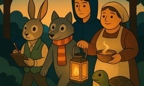 Lupo, a small anthropomorphic wolf with soft grey fur, round bright eyes and a warm determined expression, wears a striped scarf and holds one handle of a golden lantern; a human teenager in a dark blue hoodie, calm and protective, holds the other handle, positioned to Lupo’s right and slightly behind; a rabbit in a green vest, ears up, with a pencil-brush and clipboard under its arm, serious yet mischievous, leads the group; a textured-shelled turtle, low and slow with a serene gaze, accompanies the lantern near the pedestal and almost touches it; a round baker in a flour-dusted apron carrying a bowl of steaming dough follows and smiles; setting: grassy hilltop with a circle of smooth stones as a central pedestal, dark trees framing an opening to the horizon and a dawn sky gradated peach to pale blue with a few lingering stars; scene: the united group carries a softly shimmering golden lantern to place on the pedestal before sunrise, intimate and collaborative mood with warm lights contrasting the cool dawn sky; visual style: Art Deco geometric shapes and crisp outlines, warm golds and deep greens, stylized textures, centered symmetrical composition with strong light and shadow.