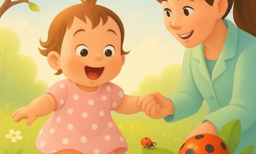 A joyful, wide-eyed 2-year-old girl with short brown hair, round rosy cheeks, wearing a pale pink dress with white polka dots, gently jumps in a small puddle making a 