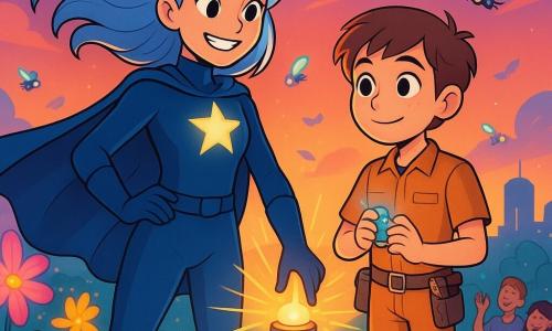 Nova Flare, a heroic young woman, stands proudly on the roof of a shimmering glass building, her silver and blue hair flowing in the wind. She has a determined and brave expression, with a radiant smile lighting up her face. Her dark blue costume features a star-shaped emblem that glows softly. Next to her, Piper, a shy but enthusiastic boy of about 12, stands with a tool-laden engineer's suit, observing the scene with curious, bright eyes. He is slightly behind, admiring Nova Flare while holding a small glowing gadget. The setting is a futuristic park filled with large glowing flowers and robotic fireflies dancing in the air. The sky is painted in vibrant colors at dusk, creating a magical and welcoming atmosphere. The main scene shows Nova Flare and Piper united, ready to relaunch the city's last beacon. Together, they touch the beacon, which begins to shine brightly, casting golden rays of light around them as gathered families applaud and smile, filling the air with joy and hope.