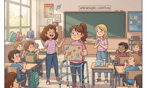 Três meninas de 9 anos apresentam um projeto de ciências numa sala de aula ensolarada: Marta, cabelos castanhos presos em rabo-de-cavalo, rosto redondo e expressão concentrada, usa um andador metálico azul-claro com pequenos autocolantes e está ao centro segurando um grande cartaz colorido; Joana, cabelos castanhos encaracolados, sorridente e enérgica, está ligeiramente à esquerda fazendo a introdução com uma folha de apresentação; Inês, cabelos loiros lisos, calma e atenta, está à direita mostrando uma pequena experiência (um copo de água colorida) sobre uma mesa baixa. A sala tem janelas que deixam entrar o sol, quadro-negro com giz e ordem das apresentações, mesas e cadeiras de madeira clara em filas, mochilas no corredor visíveis por uma porta aberta, chão de azulejo bege e cartazes coloridos nas paredes; os colegas sentados ao fundo observam e aplaudem, ambiente acolhedor, luz suave e cores vivas.