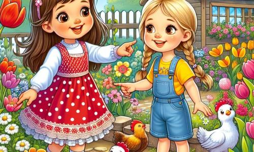 Na środku obrazu znajdują się dwie małe dziewczynki, Ania i Zosia. Ania, lat 7, ma długie brązowe włosy i nosi czerwoną sukienkę w białe kropki. Wskazuje palcem na piękny kwiat w ogrodzie. Zosia, również lat 7, ma blond warkocze i nosi żółtą koszulkę oraz dżinsowe szorty. Siedzi na małej drewnianej ławce, uśmiechając się i trzymając książkę z obrazkami. Miejsce to słoneczny ogród, pełen kolorowych kwiatów: czerwonych, żółtych i różowych tulipanów, otoczonych bujną zielenią. W tle widać mały drewniany kurnik z białymi i brązowymi kurami, które dziobią ziemię. Główna sytuacja pokazuje Anię i Zosię bawiące się razem, zachwycone urodą kwiatów i zwierząt w ogrodzie, tworząc radosną, letnią atmosferę.