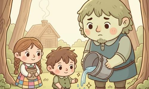 El pequeño Poucet, niño pequeño y valiente, está en el centro sonriendo mientras, con una pequeña pala de madera, planta una semilla; a su derecha un ogro alto y bondadoso vierte con delicadeza agua de un cubo enorme; a la izquierda su hermana mayor de unos 12 años con trenza y vestido patchwork sostiene un saco de semillas junto a un pequeño montículo de tierra; al fondo una clara iluminada con troncos retorcidos, tapiz de musgo, brotes y algunos hongos y una cabaña de madera humeante; ambiente mágico y cálido en colores pastel, estilo kawaii minimal, formas redondeadas, composición clara con foco en las manos en acción, gotas de agua brillantes y una bellota dorada junto al niño.