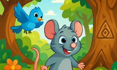 A small rat named Remy, with soft gray fur and sparkling curious eyes, stands at the center of the scene, displaying a wide smile of excitement. He is exploring a magical forest, surrounded by tall trees with gnarled trunks and shiny leaves that whisper gently. Beside him, a little bluebird named Bella, with bright blue feathers and a cheerful demeanor, flutters slightly above him, her wings spread, ready to help. The ground is covered with golden leaves and colorful flowers that add to the magic of the environment. Sunlight filters through the branches, creating dancing shadows on the ground. Remy and Bella discover mysterious symbols carved into the bark of the trees, their awestruck expressions revealing their enthusiasm for this adventure.