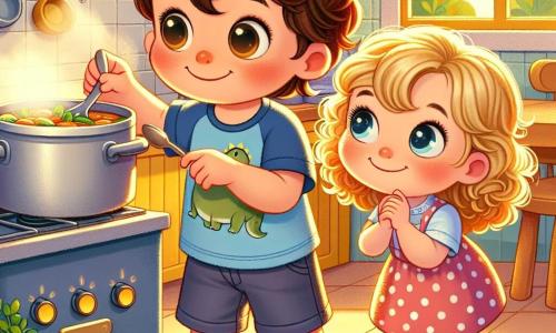 A 4-year-old boy named Tom, with messy brown hair and rosy cheeks, stands in a bright kitchen. He has a big smile on his face, his eyes sparkling with curiosity as he looks at a large pot on the stove. He is wearing a blue t-shirt with a dinosaur design and shorts. Next to him, his 3-year-old sister Lucy, with curly blonde hair and bright eyes, is jumping on her tiptoes to see into the pot. She is wearing a pink polka dot dress and looks excited. The kitchen is warm, with yellow walls and a large window letting in sunlight. On the table are colorful vegetables: orange carrots, red tomatoes, and green herbs, ready to be added to the soup. The main scene shows Tom and Lucy united in their quest to prepare a magical soup to cure Tom's cold, surrounded by the delicious aroma from the pot, symbolizing their joyful adventure and spirit of camaraderie.