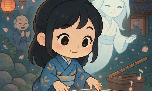 Akiko, jovem sorridente e concentrada, cabelos pretos presos em um coque solto, veste um quimono azul com folhas douradas e afina delicadamente um koto, enquanto Yuki, um espírito feminino translúcido e luminoso em quimono branco vaporoso, flutua atrás dela com sorriso tranquilo e gesto sobre uma shinobue num baú; cena noturna num pequeno templo de madeira japonês com telhado curvo, pedras musgosas, lanternas de papel vermelhas, pétalas de sakura ao vento e a lua cheia entre os ramos; composição centrada em Akiko e Yuki, close chibi nas mãos de Akiko e nas cordas vibrantes com notas musicais como pequenas estrelas, paleta em tons pastel (azul noite, rosa sakura, dourado suave) e contrastes para realçar a transparência do espírito.