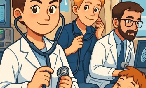 Dr. Emily, a female doctor with brown hair in a bun, wears a pristine white coat. She has a determined look and a warm smile, holding a stethoscope in her hands. Next to her is Nurse Sam, around 30 years old with blonde hair and a friendly expression, adjusting his medical equipment while admiring Emily. Another character, Dr. Tom, a 35-year-old man with glasses and a neat beard, intensely examines X-rays on a screen. The scene takes place inside an air ambulance cabin, with walls adorned with bright control panels and medical equipment. The comfortable seats and a large window reveal a blue sky dotted with white clouds. The main situation shows Dr. Emily coordinating care for a young patient, creating an atmosphere of urgency and camaraderie as the team works together, each focused on their task, while the plane flies over majestic landscapes below.