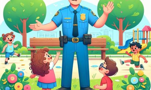 Een glimlachende politieagent, genaamd Agent Jan, is een man van ongeveer 35 jaar met een goed verzorgde snor en een helderblauw uniform. Hij staat met open armen, omringd door kinderen, straalt vreugde en vriendelijkheid uit. Onder de kinderen is er een 6-jarig meisje in een mooie roze jurk dat enthousiast haar hand opsteekt, terwijl haar krullende haren in de wind waaien. Een 7-jarig jongetje met een rood t-shirt en een bril komt naar Agent Jan toe, met glinsterende ogen van bewondering. De scène speelt zich af in een zonnig park, vol kleurrijke bloemen en groene bomen. Houten banken staan rondom een speeltuin waar andere kinderen vrolijk spelen. Agent Jan legt de kinderen het belang van veiligheid uit, terwijl ze aandachtig luisteren, geboeid door zijn woorden. De sfeer is vrolijk en vol energie, met lachen en glimlachen die de dag verlichten.