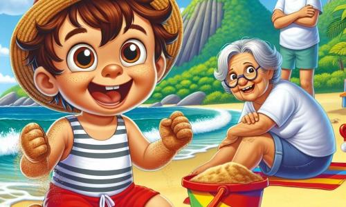 Um menino de 4 anos, Leo, com cabelos castanhos bagunçados e olhos brilhantes de curiosidade, usa um chapéu vermelho e um maiô listrado. Ele está sentado na praia, com as mãos cheias de areia e um grande sorriso no rosto, mostrando sua alegria por ter encontrado seu chapéu. Ao lado dele, sua avó, uma mulher gentil de cerca de 60 anos com cabelos grisalhos e óculos, o observa com orgulho, segurando um balde de areia colorida. Seu avô, um homem jovial de 65 anos com barba branca e um chapéu de palha, está atrás deles, de braços cruzados, sorrindo e admirando o castelo de areia que Leo construiu. A cena acontece em uma praia ensolarada do Rio de Janeiro, com ondas suaves lambendo a costa, montanhas verdes ao fundo e um céu azul brilhante salpicado de algumas nuvens brancas. Leo, todo animado, acaba de encontrar seu chapéu perdido na areia e está pronto para continuar sua aventura na praia, cercado por sua família amorosa.