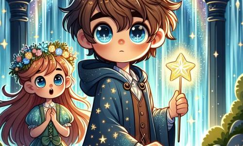 No centro da imagem, um jovem bruxo chamado Theo, com cerca de 10 anos, está com um olhar deslumbrado. Ele tem cabelos bagunçados de cor castanho claro, olhos brilhantes como estrelas e veste uma robe de bruxo azul-escuro decorada com padrões de estrelas cintilantes. Em sua mão, ele segura um Cetro das Estrelas luminoso, emitindo uma suave luz dourada, enquanto olha com determinação para o horizonte. Ao seu lado, sua melhor amiga Lila, uma jovem bruxa de 9 anos, tem cabelos longos e ondulados de cor ruiva e veste uma robe verde salpicada de flores mágicas. Ela sorri entusiasticamente, segurando uma pequena planta luminescente que parece dançar em sua mão, observando Theo com admiração. Ao fundo, a cena se desenrola diante de uma majestosa cascata cintilante, cujas águas claras caem em gotas brilhantes, criando um arco-íris luminoso. A caverna está atrás da cascata, com cristais brilhantes que iluminam o interior, acrescentando uma atmosfera mágica ao todo. A situação principal mostra Theo e Lila prontos para enfrentar o desafio do Guardião do Cetro, com expressões de coragem e excitação em seus rostos, enquanto estão diante da cascata, cercados pela magia da floresta encantada.