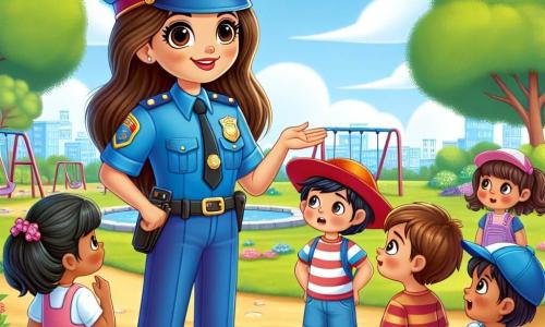 Polițista Andreea, o femeie zâmbitoare cu părul lung și brunet, poartă un uniformă albastră strălucitoare și un ecuson pe piept. Ea este veselă și entuziastă, vorbind cu un grup de copii într-un parc însorit. Printre copii se află un băiat de 8 ani, care poartă o șapcă roșie mare și un tricou cu dungi, ascultând-o atent cu ochii mari. O fetiță de 7 ani, îmbrăcată într-o rochie roz frumoasă, ridică mâna pentru a pune o întrebare, cu fața luminată de curiozitate. Parcul este plin de flori colorate, copaci verzi și râsete de copii care se joacă pe leagăne și tobogane. Cerul este albastru cu câteva nori albi, iar iarba este de un verde strălucitor. Situația principală o arată pe Andreea explicând copiilor importanța siguranței și a ajutorului reciproc, implicându-i într-un joc amuzant de „polițist și hoț”, creând o atmosferă veselă și educativă.