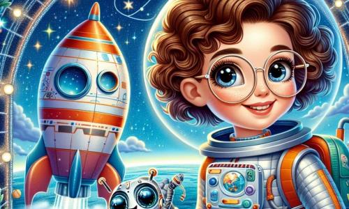 Una scienziata di nome Anna, con capelli ricci castani e occhiali tondi, sorride meravigliata mentre si trova davanti a un'astronave colorata, pronta a decollare. Indossa una tuta spaziale brillante e tiene un piccolo gadget in mano, mostrando la sua eccitazione per l'avventura imminente. Accanto a lei, un piccolo robot di nome Rob, che assomiglia a una sfera argentata con occhi luminosi e braccia articolate, danza gioiosamente, esprimendo il suo entusiasmo per il viaggio spaziale. Il paesaggio stellare è mozzafiato, con un cielo nero punteggiato di stelle scintillanti e un magnifico pianeta blu sullo sfondo, coperto di fiori luminosi e dolci colline. La scena principale mostra Anna e Rob pronti a imbarcarsi sulla loro navetta, circondati dall'immensità dello spazio, mentre si preparano a esplorare il misterioso pianeta blu, pieni di eccitazione e curiosità per le avventure che li attendono.