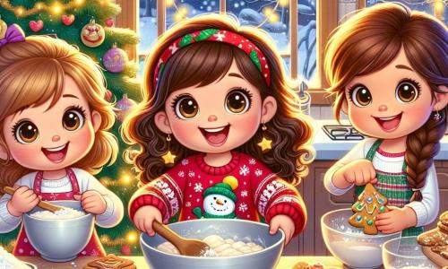 Tre bambine di cinque anni si trovano al centro della cucina, circondate da ingredienti natalizi. Mia, con i capelli castani e ricci, indossa un bel maglione rosso con un pupazzo di neve e sorride felice tenendo una grande ciotola. Alla sua destra, Sara, con i capelli biondi e lisci, mescola l'impasto con un grande cucchiaio di legno, i suoi occhi brillano di eccitazione. A sinistra, Giulia, con i capelli castani e una treccia, decora un biscotto a forma di stella con glassa colorata, con un grande sorriso sul volto. La cucina è calda e festosa, decorata con luci scintillanti alle finestre e un grande albero di Natale addobbato in un angolo. Sulla tavola ci sono piatti di biscotti a forma di alberi e pupazzi di neve, mentre un profumo dolce riempie l'aria. Le tre amiche stanno preparando i loro biscotti di Natale, ridendo e cantando insieme, creando un'atmosfera magica e gioiosa, pronte a sorprendere le loro famiglie con le loro deliziose creazioni.