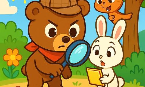 Ein kleiner brauner Bär namens Benni mit großen runden Augen und einem entschlossenen Ausdruck untersucht aufmerksam Fußabdrücke im Sand mit einer Lupe. Er trägt einen kleinen Detektivhut und ein rotes Halstuch, was ihn noch niedlicher und neugieriger macht. Neben ihm schaut ein kleiner weißer Hase namens Max mit langen, aufrechten Ohren interessiert auf die Spuren, sein Gesicht zeigt Überraschung und Aufregung. Er hält ein Notizbuch in seinen Vorderpfoten, bereit, Hinweise aufzuschreiben. Etwas weiter entfernt klettert ein schelmisches Eichhörnchen namens Mia mit einem buschigen Schwanz und funkelnden Augen auf einen Baum und beobachtet die Szene mit einem schelmischen Lächeln, als hätte sie eine brillante Idee. Die Szenerie spielt in einem sonnigen Garten, gefüllt mit bunten Blumen, grünen Sträuchern und einem majestätischen großen Baum, unter dem sich geheimnisvolle Spuren im Sand befinden. Die Hauptsituation zeigt Benni und seine Freunde bei einer Untersuchung, auf der Suche nach Hinweisen, um einen verschwundenen Honigtopf zu finden, mit einer Atmosphäre von Abenteuer und Kameradschaft.