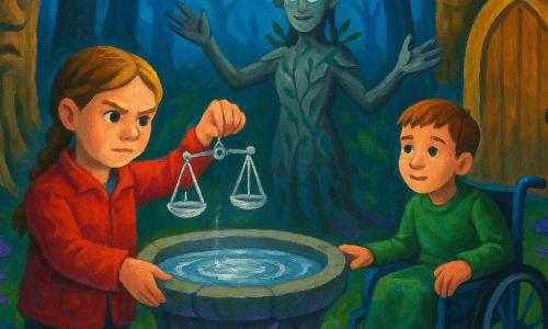 Drie personages: Noor, 9, lichtbruin gevlochten haar, lichte huid, licht vuile rode jas, houdt een kleine glanzende zilveren schub, staat op de voorgrond met vastberaden blik naar een stenen bassin; Bram, 10, kort bruin haar, in een blauw metalen rolstoel met groene deken op schoot, hand op armleuning, duwt zachtjes naar Noor rechts van haar; de Wachter, leeftijd onbepaald, slank silhouet van schors en grijze bladeren, halvemaanvormige lichtgevende ogen, liaanachtig haar, staat achter het bassin met open armen als zegen. Plaats: ronde open plek in een oud bos, mosbedekte grond, paarse paddenstoelen, violette lichtgevende wortels, een open houten deur zonder huis, centraal een stenen bassin met zilverglanzend water, dikke ruwe stammen met knoesten als gezichten. Situatie: Noor houdt de schub boven het bassin terwijl maanlicht in zilveren stralen door de takken valt; Bram ondersteunt haar hoopvol; de Wachter kijkt sereen, haar maanogen werpen zachte halo — mysterieuze nachtelijke spanning, lange schaduwen en fonkelende waterreflecties.