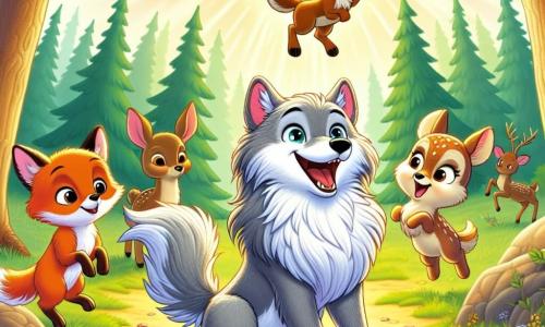 Ein majestätischer großer Wolf mit silbergrauem Fell und leuchtenden Augen wie Sterne steht im Zentrum der Szene, mit einem Ausdruck von Freude und Erleichterung, umgeben von kleinen Waldtieren. Rechts von ihm springt ein kleiner Fuchs mit leuchtend orangefarbenem Fell und großen neugierigen Augen vor Freude, seine Hinterbeine in die Luft gestreckt. Links von ihm schaut ein kleines Reh mit hellbraunem Fell und sanften großen Augen bewundernd zu dem Wolf, sein Gesicht strahlt vor Glück. Die Szene spielt in einer sonnigen Lichtung, umgeben von großen Bäumen mit leuchtend grünen Blättern und bunten Blumen, die den Boden schmücken und eine fröhliche, einladende Atmosphäre schaffen. Der Wolf hat gerade einen Fluch gebrochen und feiert nun mit seinen neuen Freunden in einer festlichen und warmen Stimmung.