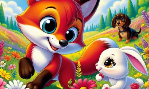 Im Vordergrund springt ein kleiner roter Fuchs namens Felix mit großen, neugierigen Augen und einem fröhlichen Lächeln mitten in einem Feld bunter Blumen, während seine Pfoten die leuchtend gelben, rosa und lila Blütenblätter berühren. Neben ihm schaut ein kleines weißes Kaninchen namens Lila mit langen, weichen Ohren Felix bewundernd an, ihre Augen strahlen vor Freude, während sie eine Blume beschnüffelt. Etwas weiter beobachtet Max, ein Dackel mit braunem und schwarzem Fell, aufmerksam die Insekten, die um die Blumen fliegen, mit einem zufriedenen Lächeln im Gesicht. Die Szenerie zeigt eine weite, sonnige Wiese, übersät mit Wildblumen, im Hintergrund große grüne Bäume und ein hellblauer Himmel mit flauschigen weißen Wolken. Die Szene stellt den Moment dar, in dem Felix, Lila und Max gemeinsam die Schönheit des Frühlings entdecken und sich an den Farben und Klängen der wiedererwachenden Natur erfreuen.
