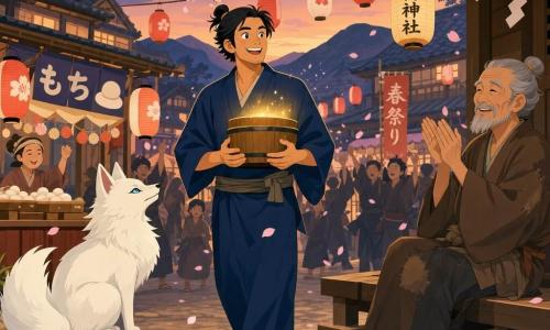 Een ongeveer 35-jarige man, Haruki, serein en blij, glimlachend met heldere ogen, draagt een eenvoudig indigo kimono met ceintuur, zwart haar in een kleine knot, stro sandalen, en houdt een rond zegel voor zich dat zacht goud licht uitstraalt; een oude dorpswijze van circa 70 jaar, mager met korte grijze baard en versleten bruine jurk, zit rechts op houten traptreden van een klein schrijn en klapt zachtjes uit trots; links zit een wit vosje met bleekblauwe ogen en een pluizige vacht, staart opgerold, waakzaam; locatie: een klein Japans dorpsplein bij schemering met bloeiende kersen waar bloesem valt, rode en witte papieren lantaarns, houten huizen met gebogen daken en feestkraampjes; situatie: Haruki marcheert triomfantelijk naar het dorp, het lichtgevende zegel tegen zijn borst, silhouetten van dorpelingen werpen bloembladeren en heffen armen, warme sfeer in pastel met goud en indigo, heldere compositie en eenvoudige vormen.