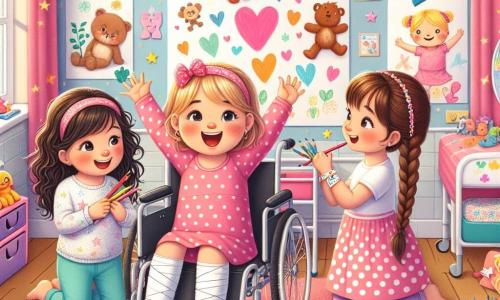 In a bright and colorful hospital room, three four-year-old girls are gathered. Mia, with curly brown hair, is in her sparkling wheelchair, smiling joyfully while holding colorful crayons. Next to her, Lily, with straight blonde hair, stands with her arms raised in excitement, wearing a polka dot pink dress, looking at a large poster of animals on the wall. Emma, with braided chestnut hair, sits on the plush carpet surrounded by drawings and toys, drawing a large heart on a piece of paper, her face radiating happiness. The room is decorated with pastel-painted walls, star and cloud stickers, and a large paper sun shining above them, with colorful toys scattered on the floor. The three friends are creating a 