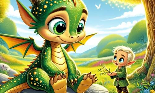 Un piccolo drago dalle squame verdi brillanti e macchie dorate, con grandi occhi scintillanti di curiosità, è seduto su una pietra piatta accanto a un ruscello luccicante. Sorride calorosamente, ascoltando attentamente il suo amico. Accanto a lui, un giovane elfo dai capelli biondi come il grano, vestito con una tunica verde, ha gli occhi pieni di emozione e determinazione, mentre tiene un rametto come se fosse pronto a proporre un'idea. Si trovano in una radura soleggiata, circondati da alberi maestosi con foglie dorate, dove fiori colorati danzano al vento. La scena rappresenta un momento di condivisione e complicità, in cui il drago e l'elfo discutono di un gioco per aiutare i loro genitori a comunicare meglio, illustrando così l'importanza dell'amicizia e della comprensione.