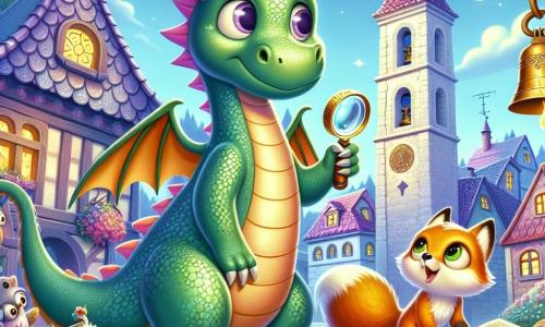 Un giovane drago verde con squame brillanti e grandi ali spiegate, Fumo, osserva con occhi curiosi e determinati, tenendo una lente tra le piccole zampe. Accanto a lui, Lilla, un gufo con piume scintillanti e occhiali rotondi, sfoglia un antico libro con aria concentrata, posata su un ramo basso di un albero. Spira, una volpe dorata con una pelliccia splendente e occhi maliziosi, annusa il terreno con un'espressione di eccitazione, pronta a seguire gli indizi. La scena si svolge in una graziosa piazza di Borboville, circondata da case colorate con tetti inclinati, fiori vivaci e una grande fontana al centro. Sullo sfondo, un campanile vuoto si erge, il suo gancio dove la campana era appesa brilla sotto il sole. I tre amici indagano insieme per ritrovare la campana scomparsa, scrutando il terreno alla ricerca di indizi, mentre raggi di luce filtrano tra le foglie degli alberi, creando un'atmosfera magica e misteriosa.