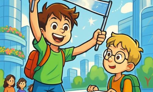Ein 10-jähriger Junge namens Jaro steht auf einem hellen Airsteeg, mit einem breiten Lächeln und funkelnden Augen vor Aufregung. Er hat zerzauste braune Haare, ein leuchtend grünes T-Shirt und einen kleinen Rucksack über der Schulter, während er stolz ein silbernes Banner schwenkt, das in der Sonne glänzt. Neben ihm steht ein 9-jähriger Junge, Nilo, mit blonden Haaren und runden Brillen, der Jaro bewundernd ansieht und das Banner festhält, um ihm zu helfen. Im Hintergrund erstreckt sich eine futuristische Stadt mit glitzernden Glasgebäuden, hängenden Gärten, die mit bunten Blumen überquellen, und tanzenden Drohnen am Himmel, die leuchtende Muster erzeugen. Die Hauptsituation zeigt Jaro und Nilo, die den Übergang auf dem Airsteeg sichern, umgeben von Menschen, die geduldig hinter einer Lichtlinie warten, was die Bedeutung von Regeln für die Sicherheit aller verdeutlicht.