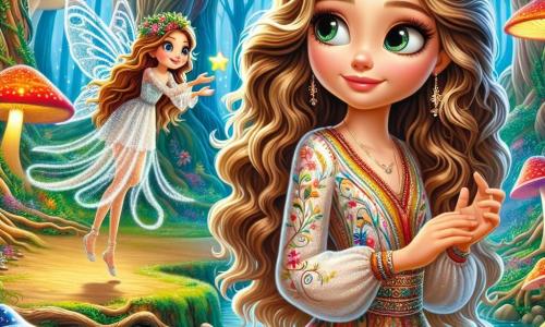 A young woman named Lila, around 20 years old, with long wavy light brown hair, wears a shimmering dress in bright colors adorned with floral patterns. Her face expresses curiosity and wonder as she stands at the edge of an enchanted clearing, her eyes shining with determination. Next to her, a tiny fairy, no taller than a cup, with sparkling wings and golden hair, floats in the air. She smiles encouragingly, holding a small glowing star in her hands. The setting is a magical forest, where majestic trees with twisted trunks rise towards the sky, their leaves shimmering with a silver glow. Giant brightly colored mushrooms dot the ground, and a crystal-clear stream winds through the scene, reflecting the light of floating lanterns. The main situation shows Lila and the fairy preparing to embark on an adventure, with Lila reaching out to the fairy, ready to receive guidance to find the Heartstone, as sparkles of light dance around them, creating an atmosphere of magic and hope.