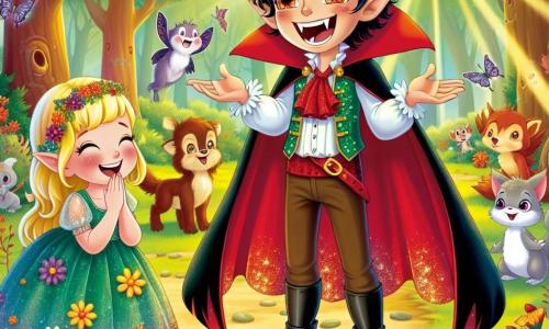 Een blije vampier genaamd Victor, met rommelig zwart haar, sprankelende ogen en een grote glimlach die zijn scherpe tanden toont, vertelt een grap aan een groep dieren in een zonnige open plek. Hij draagt een rode cape die lichtjes in de wind wappert, wat bijdraagt aan zijn grappige uitstraling. Naast hem lacht Lila, een klein elfje met blond haar en glinsterende vleugels, ongeveer 8 jaar oud, hardop met haar handen op haar buik. Ze draagt een groene jurk versierd met kleurrijke bloemen en staat een beetje op afstand, klaar om een van haar eigen grappen te delen. De omgeving bevindt zich in een magische open plek omringd door grote bomen met kleurrijke stammen, met zingende bloemen en dansende vlinders om hen heen. Zonnestralen filteren door de bladeren, wat een vrolijke en heldere sfeer creëert. De hoofdsituatie toont Victor die Lila en de dieren aan het lachen maakt met zijn grappen, terwijl ze zich voorbereiden op een grappenwedstrijd, vol opwinding en goede stemming.