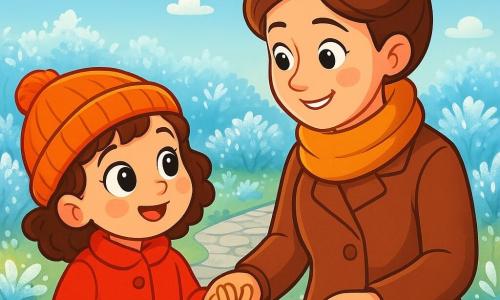 A 6-year-old girl, Mia, with big bright eyes and rosy cheeks, gazes in wonder at a garden covered in sparkling frost. She wears a bright red coat and a wool hat, with her curly brown hair slightly sticking out. Next to her, her mom, a woman in her thirties with brown hair tied in a bun, smiles tenderly while holding Mia's hand. They stand on a stone path, surrounded by bushes with frozen leaves that glisten in the sun. The sky is a clear blue, dotted with fluffy white clouds. Mia, with an expression of curiosity and excitement, is about to scatter seeds for the birds, while her mom encourages her with a warm look.
