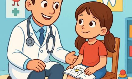 Um jovem médico, de cerca de 30 anos, sorridente e benevolente, usa um jaleco branco brilhante e um estetoscópio ao redor do pescoço. Seus olhos brilham de compaixão enquanto examina uma menina sentada em uma cadeira, com um curativo colorido em forma de estrela no joelho. A menina, Ana, tem cerca de 7 anos, cabelos longos e castanhos presos em duas tranças. Ela olha para o médico com curiosidade e um leve sorriso, segurando um livro de colorir nas mãos. A cena acontece em um consultório médico iluminado e acolhedor, com paredes pintadas de azul pastel, cartazes de desenhos animados sobre saúde e brinquedos coloridos espalhados pelo chão. O médico explica gentilmente a Ana como ele vai cuidar de seu joelho, enquanto ela o escuta atentamente, pronta para aprender.