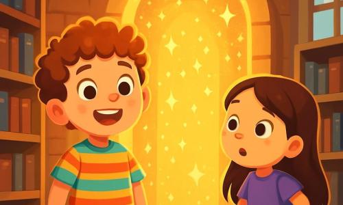 A 6-year-old boy named Oliver, with curly hair and sparkling eyes, stands in front of a shimmering magical portal. He has a look of wonder on his face, his cheeks flushed with excitement. Oliver is wearing a colorful striped shirt and denim pants. Next to him, a 6-year-old girl with long, smooth hair in a purple dress watches the portal with wide eyes. She appears fascinated and curious, standing slightly back with her hands on her hips. The setting is inside an old library, with ancient brick walls, shelves filled with dusty books, and soft light filtering through large windows. In the center, the magical portal shines with a golden light, surrounded by a sparkling aura. The main scene shows Oliver and the girl in front of the portal, ready to enter a fantastical world, their faces illuminated by the surrounding magic.