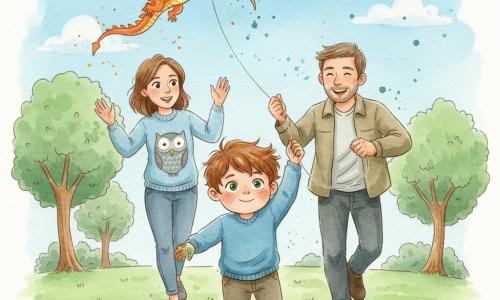 An 8-year-old boy with tousled chestnut hair, bright green eyes, a round face and paint-stained fingers, smiling shyly but amazed, runs holding an orange dragon-patterned kite string; his mother Clara, about 35, with mid-length brown hair and a light blue sweater with a large owl motif, stands left behind him, looking at him gently with a raised hand to encourage; his father Mark, about 36, with a light beard and a casual khaki jacket, laughs while running to the right holding the other end of the string to help the kite rise; they are in a large green park with textured grass, a few brown-ochre tree trunks, and a pale blue sky with soft clouds and delicate splashes around the kite; the scene centers on the family gathered around the ascending dragon kite, conveying lively movement, shy smiles and shared warmth, composition focused on the boy holding the string with parents slightly behind supporting him.