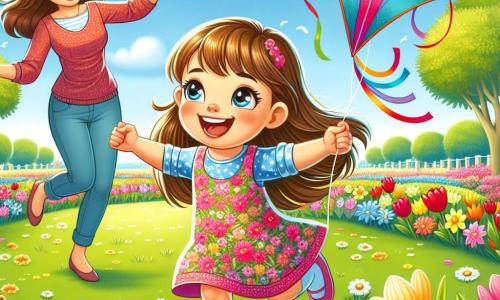 Uma menina de 4 anos, Sofia, com longos cabelos castanhos e olhos brilhantes de alegria, corre em um parque ensolarado, segurando uma pipa colorida nas mãos. Ela usa um vestido leve de flores e um grande sorriso no rosto, cheia de excitação. Ao seu lado, sua mãe, uma mulher na casa dos trinta anos, com cabelos castanhos e um sorriso acolhedor, a incentiva levantando os braços, pronta para ajudar Sofia a soltar a pipa. O parque está cheio de flores vibrantes, com tulipas vermelhas, narcisos amarelos e margaridas brancas, sob um céu azul claro com algumas nuvens fofas. Ao longe, vêem-se árvores verdes que balançam suavemente com a brisa da primavera. Sofia, cheia de energia, corre sobre a grama verde, pronta para fazer sua pipa voar no céu, enquanto sua mãe a observa com orgulho, criando uma cena alegre e cheia de vida que celebra a chegada da primavera.