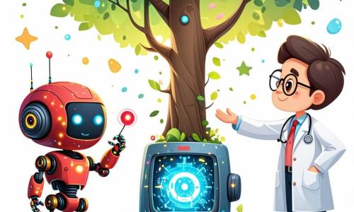 Reddy, ein kleiner freundlicher Roboter in leuchtenden Farben mit glitzernden Lichtern auf seinem Körper, zeigt Aufregung und Entschlossenheit, während er einen großen roten Knopf an einem magischen Baum drückt. Neben ihm steht Dr. Klok, ein menschlicher Wissenschaftler mit runden Brillen und einem weißen Kittel, der stolz und ermutigend schaut und aufmerksam die Funktionsweise des Geräts beobachtet. Der Hintergrund ist ein zentraler Platz in Glitzertown, umgeben von futuristischen Gebäuden mit glänzenden, bunten Fassaden, während Drohnen am Himmel schweben und Blumen sowie köstliche Speisen bringen. Die Szene zeigt den entscheidenden Moment, in dem Reddy den magischen Energiebaum aktiviert, funkelnde Farben in die Luft entlässt, während die Bewohner der Stadt, begeistert, sich um sie versammeln, um diese unglaubliche Erfindung zu feiern.