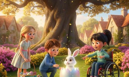 Three children under an ancient oak in a spring village garden: Lily (about 8, blonde braids, pastel floral dress) stands left with a colorful woven basket, Max (about 9, short brown hair, blue sweatshirt, jeans) crouches center reaching toward a glowing, rainbow-splashed Easter egg on the grass, and Emma (about 8, black pigtails, red modern wheelchair) is right, smiling and pointing at the egg found under a bush; the egg is opening to reveal a small magical white bunny with hazel eyes and shining whiskers, morning golden light filters through leaves, bright green grass, pink and yellow flowering bushes, scattered colored eggs and floating petals complete the vivid, centered scene.