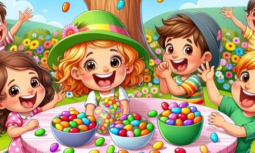 A 5-year-old girl named Lily, with big bright eyes and curly brown hair, smiles enthusiastically while holding a bag filled with colorful jelly beans. She wears a pink dress with white polka dots and yellow sandals. Next to her is a 6-year-old boy named Ben, with messy red hair and a green t-shirt, laughing as he throws jelly beans in the air, his cheeks full of joy. Another boy, Sam, aged 5, wears an oversized blue hat and makes funny faces, while Mia, a 5-year-old girl with cute pigtails, claps with a big smile. The scene takes place in a sunny park filled with colorful flowers and a majestic oak tree, where children play and laugh around a large table decorated with jelly beans of all colors. In the background, balloons float in the blue sky, adding a festive touch to the joyful atmosphere. The main situation shows Lily and her friends celebrating the success of their quest to find the missing jelly beans, surrounded by laughter and happiness, as they prepare to enjoy the treats and participate in a jelly bean race.
