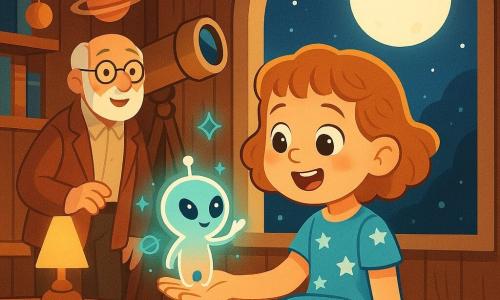 A joyful 6-year-old girl with short curly light-brown hair and big bright eyes, wearing a light-blue starry dress and red sneakers, sits on a wooden bench in a warm, wooden observatory and reaches out, smiling, to a tiny toy-sized pastel alien (turquoise and peach) with a round body, friendly big black eyes and a faint glow standing on her palm and waving; an elderly male astronomer of about 70 with a short white beard and round glasses in a brown jacket watches kindly from near a telescope, while a large rounded window shows a bright moon, shelves hold books and hanging planet models, soft warm lamp light and floating holograms of stars and planets create a magical, vivid, high-contrast scene with clear lines and simple shapes suitable for a children’s book.