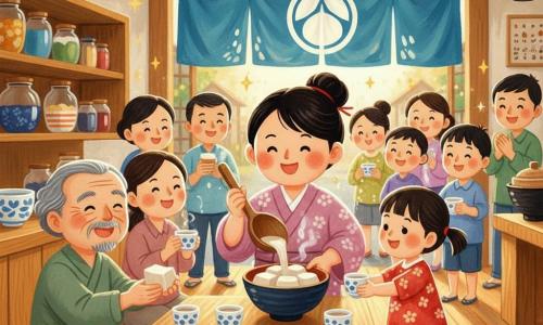 The main woman, Hiroko, with a round gentle face and black hair in a simple bun, smiles warmly as she uses a large wooden spoon to pour steamed tofu into small white bowls; a 6–8-year-old girl, Aiko, with pigtails in a red floral dress, watches in wonder and offers a bowl to another child standing on a small step to her right; an elderly grandfather with gray hair and a short beard sits at a low wooden table to Hiroko’s left, sharing tofu with a neighbor, while smiling villagers in the background pass bowls, laugh, and chat in a small warm-toned Japanese wooden shop with varnished floors, jars on shelves, red paper lanterns, a blue noren at the entrance and golden sunlight filtering through the open door, the scene conveying a calm, joyful moment of shared food after the rain with steam rising from the bowls and a convivial, luminous atmosphere.