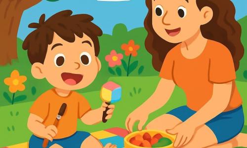 Un niño de 4 años, llamado Mateo, con cabello castaño desordenado y ojos brillantes de alegría, está sentado en una manta de picnic de colores. Sonríe ampliamente, con las mejillas sonrojadas por la emoción, sosteniendo un pincel en una mano y un cubo de hielo colorido en la otra. A su lado, su mamá, una mujer de unos 30 años con cabello largo y rizado, lleva una camiseta ligera y un short, sonríe mientras mira a su hijo y prepara frutas frescas en la manta. El lugar es un jardín soleado, lleno de flores brillantes, con un gran árbol que da sombra al rincón del picnic. El cielo es de un azul profundo con algunas nubes blancas. La escena principal muestra a Mateo jugando con cubos de hielo coloridos, deslizándolos sobre la manta, mientras su mamá lo anima y le habla de sus aventuras de verano.