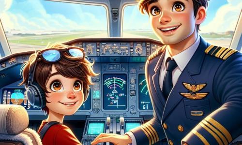 Un bărbat, pilotul Andrei, stă în interiorul unui cockpit de avion, zâmbind cu ochii strălucind de excitație. Poartă o uniformă de pilot bleu marin cu epauleți aurii, o pălărie de pilot pe cap și ochelari de soare pe frunte. Părul său este castaniu și ușor ondulat, iar el verifică instrumentele de bord cu o mână pe volan. Lângă el, un băiat de 10 ani, Alex, cu părul castaniu și ochii strălucind de curiozitate, privește cu uimire pe fereastra cockpitului. Poartă un tricou roșu și un rucsac mic. Alex este așezat pe scaunul pasagerului, cu mâinile pe cotiere, captivat de peisaj. Locul se desfășoară într-un cockpit de avion modern, cu panouri de control luminoase, ecrane care afișează date de zbor și o mare fereastră panoramică care dă spre un cer albastru presărat cu nori albi. Se poate vedea pista aeroportului dedesubt, cu avioane la sol și vehicule de serviciu. Situația principală arată cum Andrei și Alex sunt pregătiți să decoleze, avionul ridicându-se ușor în aer, în timp ce Andrei îi explică lui Alex minunile zborului, creând o atmosferă de aventură și vis.