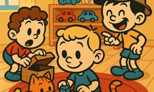 Vier personages: Daan — jongen 3-4 jaar, kort blond haar, zit in het midden met een klein blauw blok in zijn rechterhand, rond gezicht, grote ogen, glimlacht naar de poes; Sam — jongen 3-4 jaar, bruin krullend haar, gehurkt links, tilt het deksel van een kartonnen doos op, mond open van verbazing; Finn — jongen 3-4 jaar, steil zwart haar, staat rechts, wijst en lacht, draagt een te grote detectivehoed; de poes — vrouwelijke kleine roodgestreepte kat vooraan bij de kinderen, houdt het blauwe blok tussen haar pootjes, ondeugende blik. Binnen: helder speelwoonkamerinterieur met lichte houten vloer, rood rond tapijt, lage planken met autootjes en knuffels, vage keukentafel achteraan, warme ochtendlicht van links. Situatie: de drie kleine detectives hebben dankzij de poes het blauwe blok teruggevonden; vrolijke, dynamische scène met overdreven gebaren, brede glimlachen, felle kleuren (blauw, rood, geel), eenvoudige texturen en dikke zwarte contouren, tedere speelse sfeer.