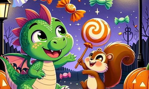 Dimi, un pequeño dragón verde con escamas brillantes y grandes ojos redondos, sonríe alegremente mientras lanza caramelos de colores al aire. A su lado, Lila, una pequeña ardilla marrón con una cola esponjosa y ojos chispeantes, salta de alegría al atrapar un caramelo gigante. Están en una calle decorada para Halloween, donde linternas en forma de calabazas iluminan el camino y fantasmas de papel flotan suavemente en el viento. La escena muestra a Dimi y Lila recolectando caramelos, rodeados de risas y magia, con estrellas brillantes en el cielo nocturno.
