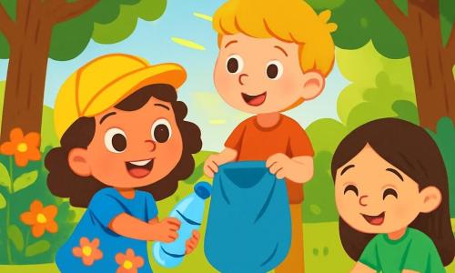 Una niña de 4 años, llamada Sofía, con cabello castaño y rizado, lleva una gorra amarilla y un vestido azul con flores. Sonríe alegremente mientras recoge una botella de plástico en el parque. A su lado, su amigo Leo, un niño de 5 años con cabello rubio y una camiseta roja, sostiene una bolsa grande de plástico y mira a Sofía con admiración. Un poco más lejos, Ana, una niña de 4 años con cabello largo y liso, vestida con una camiseta verde, se agacha para recoger un papel, sonriendo con orgullo. El parque es verde, lleno de árboles majestuosos y flores coloridas. La escena muestra a Sofía y sus amigos limpiando el parque, llenando alegremente sus bolsas de basura, riendo y animándose mutuamente, creando una atmósfera de camaradería y respeto por la naturaleza.