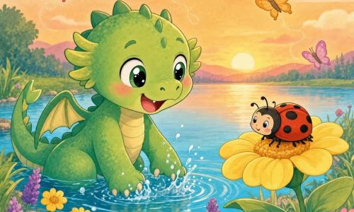 Um pequeno dragão verde, redondo e fofo, com expressão alegre e maravilhada, escamas suaves e olhos grandes e brilhantes, molha as patas num lago azul‑claro fazendo pequenas salpicaduras; uma pequena joaninha vermelha com pintas pretas e sorriso sereno, asas dobradas, pousada numa grande flor amarela ao lado do dragão, convidando a brincar; várias borboletas coloridas (rosa, azul, laranja) voam ao redor na altura da cabeça; lago calmo com reflexos azul‑turquesa, margens de relva verde‑viva, flores amarelas e roxas e céu de pôr do sol em laranja suave e rosa pálido; cena de brincadeira e ternura à beira do lago ao pôr do sol, ambiente acolhedor, formas arredondadas e cores em tons pastéis, composição centrada no dragão e na joaninha.