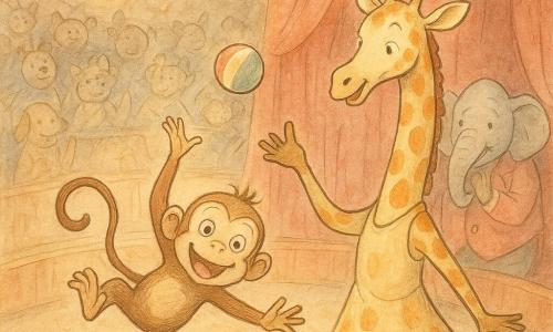 Um pequeno macaco acrobata (Chico), rosto redondo, olhos grandes e sorriso largo, pardo claro, surpreendido e feliz, deslizando do trapézio e caindo de braços abertos e pernas para o alto enquanto ri; uma grande girafa malabarista (Bella), pescoço longo e manchas laranja sobre bege, maliciosa e concentrada, inclinada para Chico lançando uma bola colorida; um elefante diretor (Dom Rufino), corpulento e majestoso, tromba erguida e olhar afável, aplaudindo junto ao pano de fundo vermelho; o picadeiro é um círculo de madeira com marcações brancas, cortinas vermelhas e douradas e arquibancadas cheias de animais; cena de circo viva e cômica — Chico cai no espetáculo, Bella mantém o equilíbrio e a plateia ri.