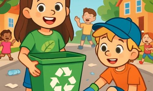 Een 8-jarig meisje, Anna, met lange kastanjebruine haren en sprankelende nieuwsgierige ogen, glimlacht blij terwijl ze een grote recyclebak vasthoudt. Ze draagt een groene t-shirt met een bladtekening en een spijkerbroekshort. Naast haar helpt haar vriend Max, een 8-jarig jongetje met rommelig blond haar en een blauwe pet, haar afval op te rapen met kleurrijke handschoenen. Ze bevinden zich op een drukke straat, omringd door groene bomen en kleurrijke huizen, waar de grond bezaaid is met afval. De scène toont Anna en Max die plastic flessen en papier oprapen, omringd door het gelach van andere kinderen die zich bij hen voegen om hun buurt schoon te maken, wat een vrolijke en samenwerkende sfeer creëert.