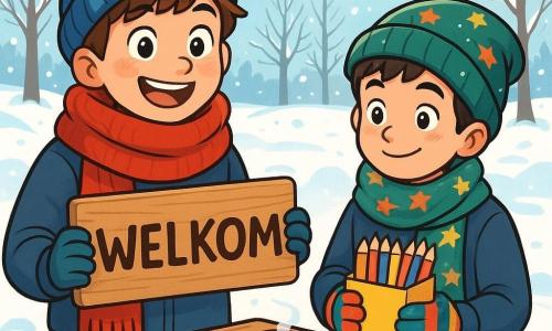 Een 10-jarige jongen, Jonas, met kastanjebruin haar en door de kou roze wangen, glimlacht vrolijk terwijl hij een klein houten bordje met de tekst 