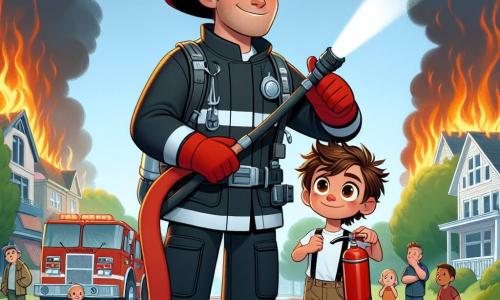 Um bombeiro, Miguel, está no centro da imagem, com um largo sorriso no rosto, demonstrando sua determinação e bondade. Ele veste um uniforme vermelho brilhante, com um capacete reluzente e luvas, segurando uma grande mangueira de incêndio, pronto para apagar o fogo. Ao seu lado está Lucas, um garoto de 11 anos, com cabelos castanhos bagunçados e olhos brilhantes de empolgação, observando Miguel com admiração enquanto segura um pequeno extintor. Ao fundo, vê-se uma casa em chamas, com chamas laranjas e nuvens de fumaça cinza subindo no céu azul. O local é uma rua movimentada da cidade, com vizinhos preocupados observando a cena, e árvores verdes de cada lado, criando um contraste com a urgência da situação. A cena ilustra o momento em que Miguel e Lucas se preparam para combater o fogo, simbolizando coragem e espírito de equipe.