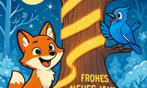 Ein kleiner roter Fuchs namens Finn mit glänzendem Fell und funkelnden Augen steht vor einer majestätischen Eiche, die mit einem wunderschönen goldenen Band geschmückt ist, das im Mondlicht schimmert. Finn lächelt breit, seine Ohren sind aufgeregt aufgestellt, während er sein Werk bewundert. Neben ihm sitzt ein eloquenter Eichelhäher namens Jasper mit leuchtend blauen Federn auf einem niedrigen Ast und schaut Finn bewundernd und stolz an. Seine Augen leuchten vor Begeisterung, während er die Arbeit seines Freundes applaudiert. Der Ort ist ein verzauberter Wald, in dem der Schnee den Boden wie einen sanften Teppich bedeckt und die Sterne in einem klaren Nachthimmel funkeln. Die Äste der Bäume sind mit Eiskristallen geschmückt, was eine magische und märchenhafte Atmosphäre schafft. Die Hauptsituation zeigt Finn und Jasper, die Silvester feiern, umgeben von anderen Tieren, die das beleuchtete goldene Band bewundern und einen Moment der Freude und Kameradschaft unter dem Sternenhimmel schaffen.